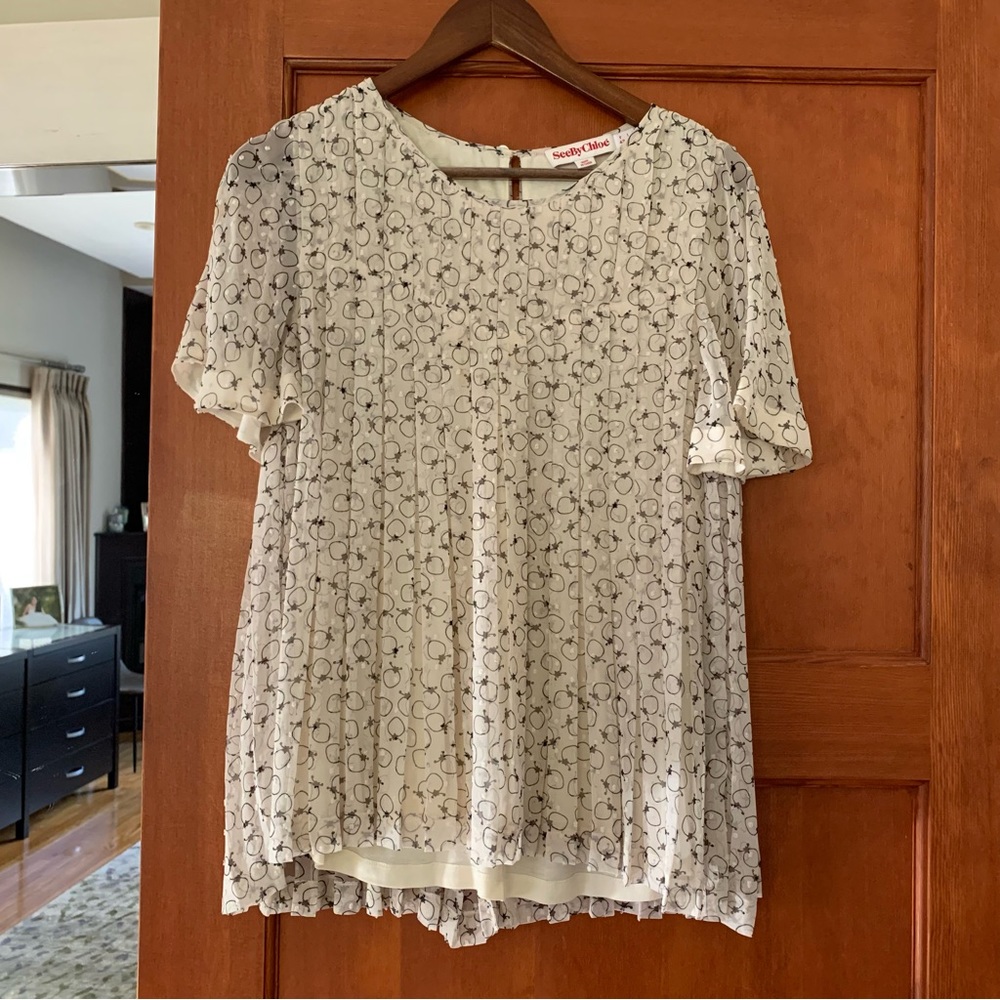 See by Chloe Printed Pleated Swiss Dot Blouse - 10